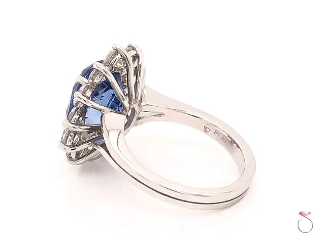 Natural 7.08ct Blue Ceylon Sapphire Diamond Halo Ring in Platinum