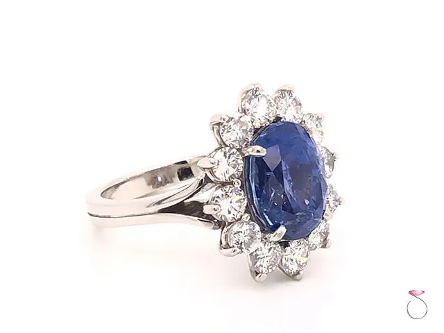 Natural 7.08ct Blue Ceylon Sapphire Diamond Halo Ring in Platinum