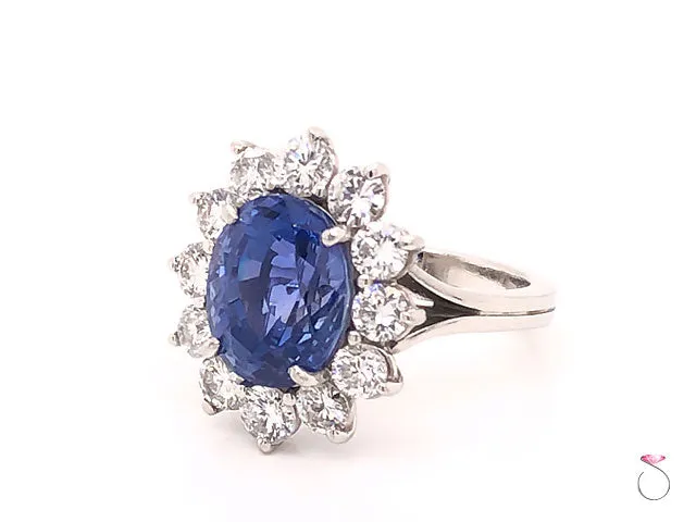 Natural 7.08ct Blue Ceylon Sapphire Diamond Halo Ring in Platinum