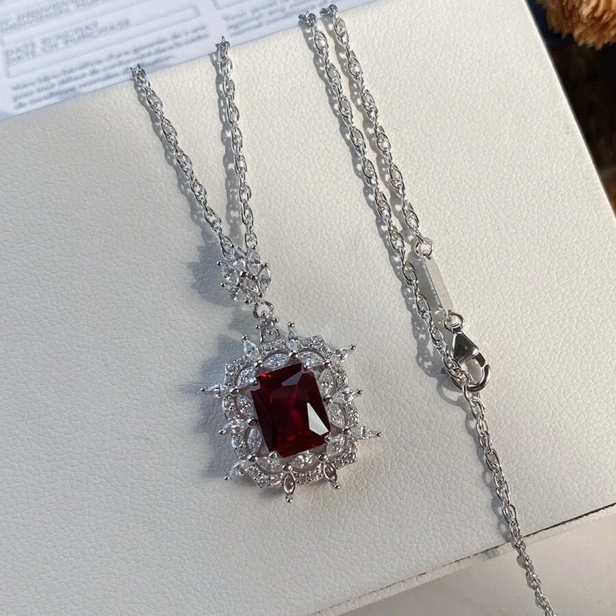 Natural Ruby 2 Carat Diamond Pendant Necklace Square Women Fine Jewelry
