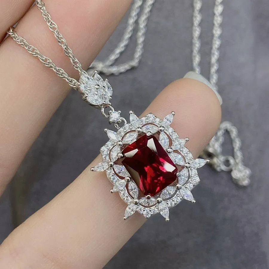 Natural Ruby 2 Carat Diamond Pendant Necklace Square Women Fine Jewelry