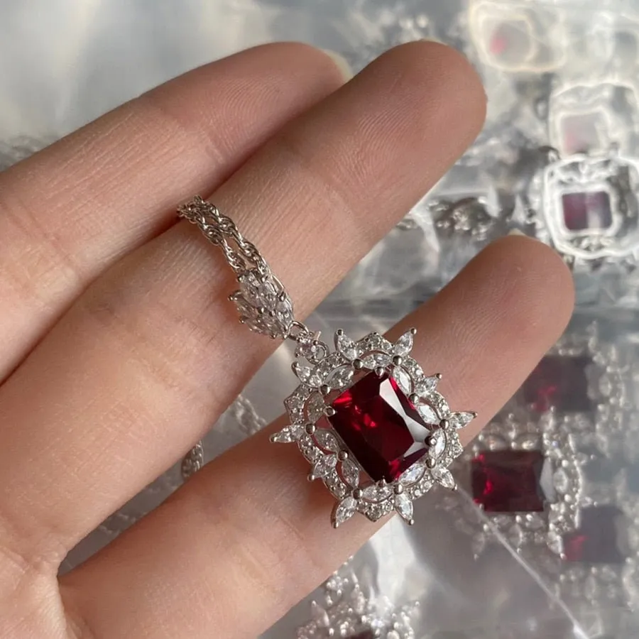 Natural Ruby 2 Carat Diamond Pendant Necklace Square Women Fine Jewelry