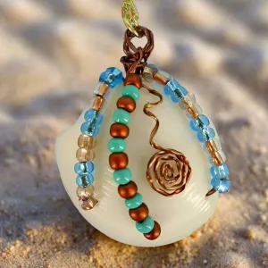 Natural White Lucina Seashell Pendant with Vintage Bronze Wire & Multi-Color Glass Beads on Gold-Plated Necklace-Handmade Beach Boho