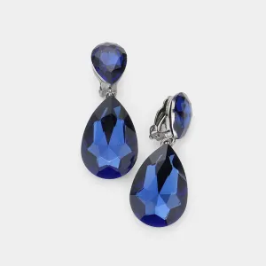 Navy Crystal Double Teardrop Clip on Dangle Earrings  | Pageant Earrings | 535179