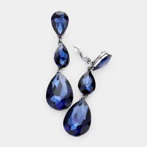 Navy Crystal Triple Teardrop Clip-on Pageant Earrings  | 439147