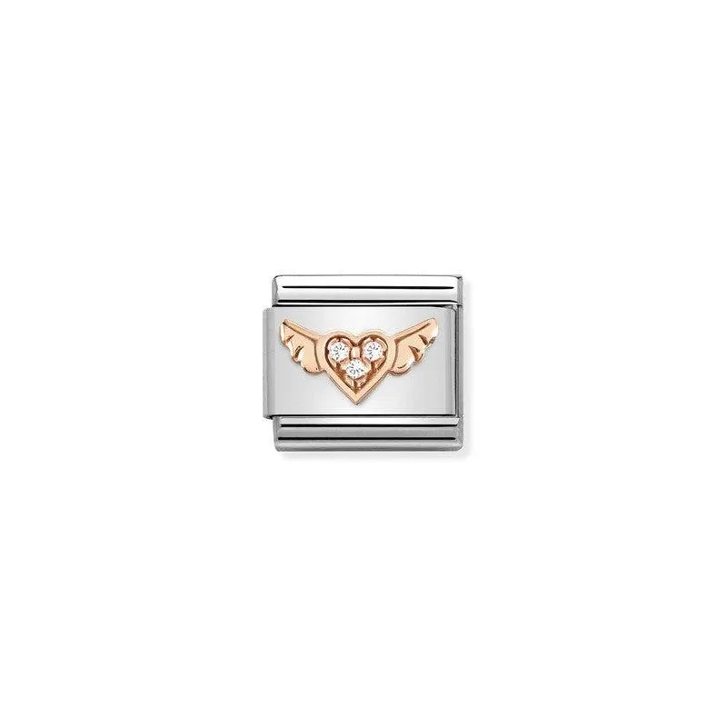 Nomination Composable Link Heart With Wings, Cubic Zirconia, 9K Rose Gold