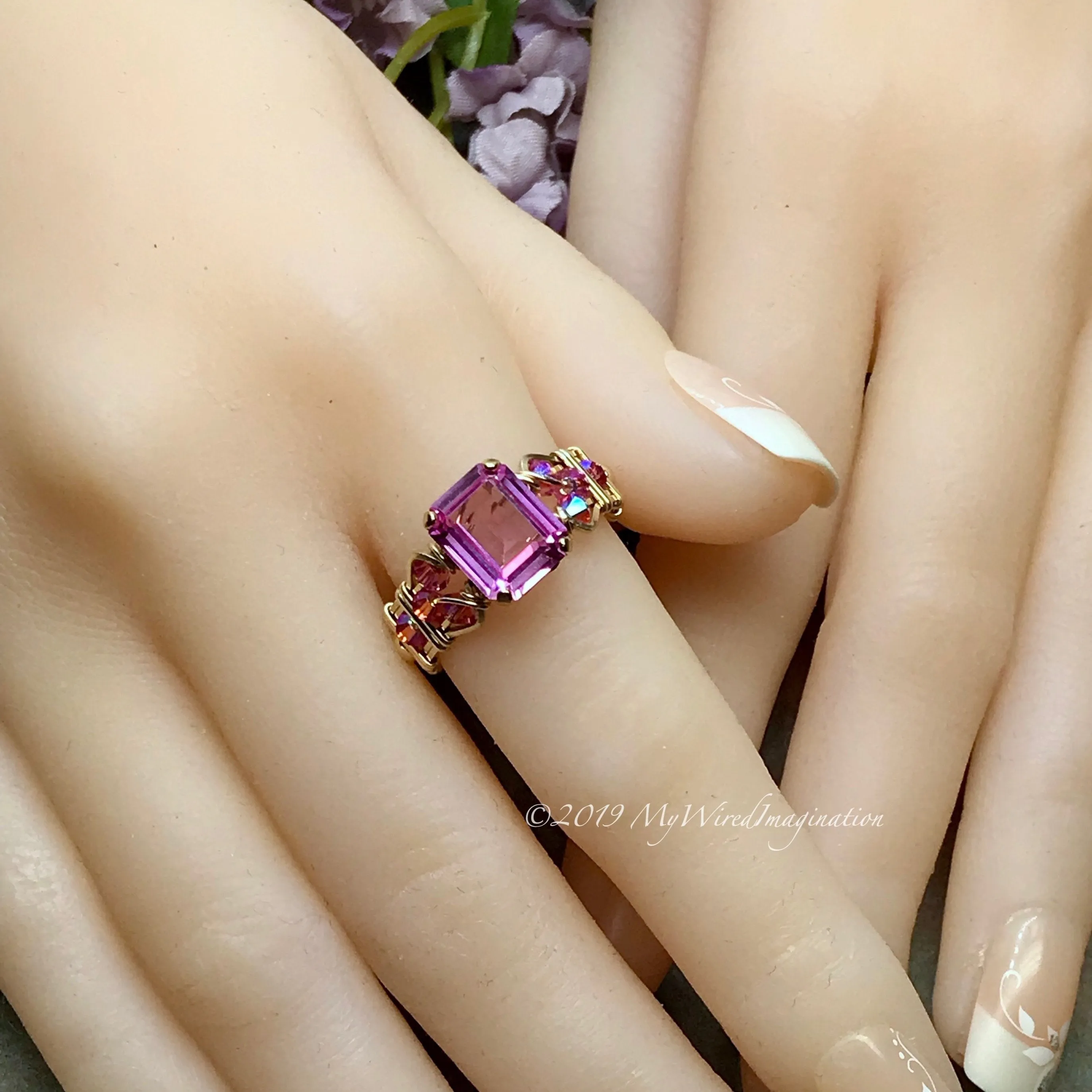 Octagon Pink Sapphire Handmade Ring, with Blue Pearl or Pink Swarovski, Made to Order