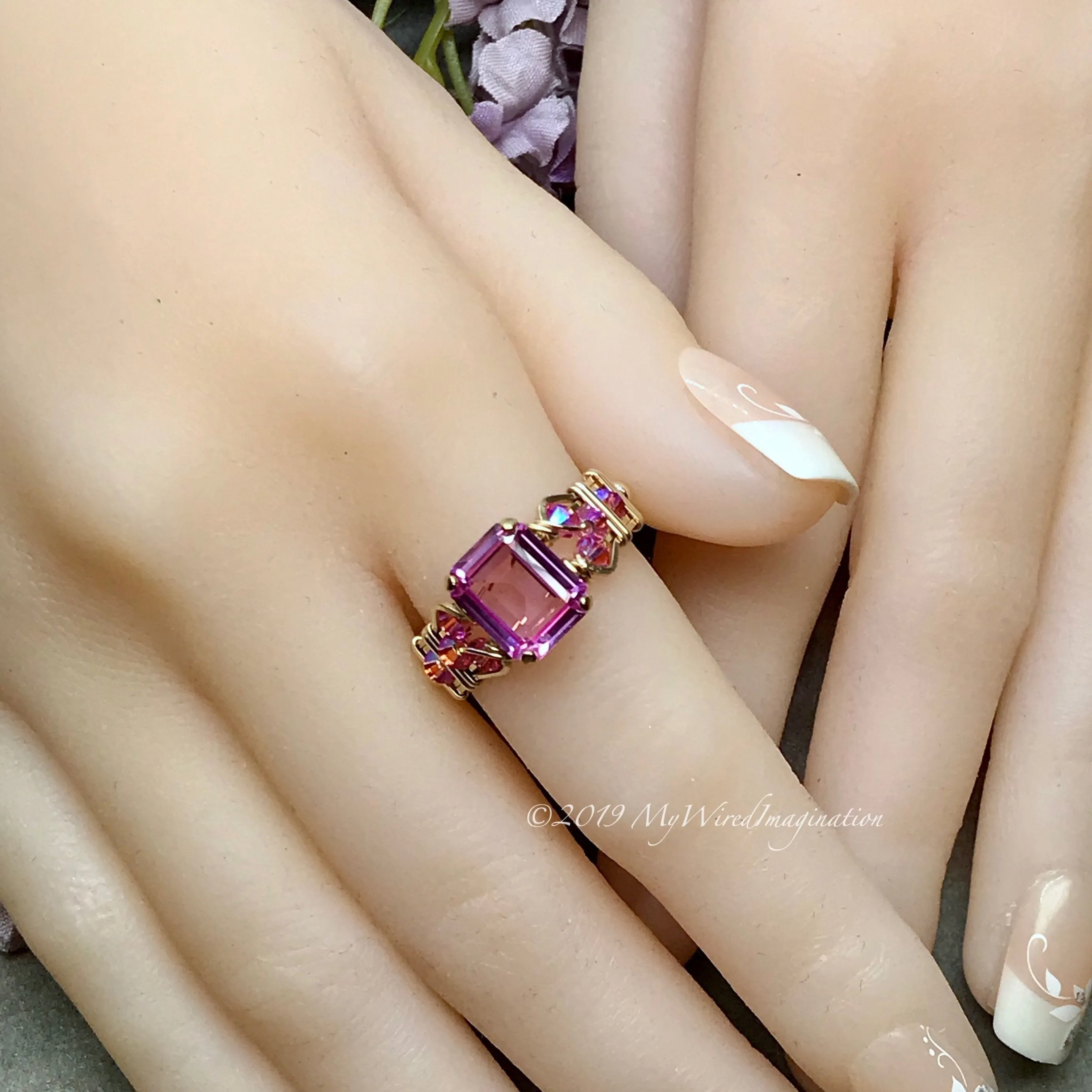 Octagon Pink Sapphire Handmade Ring, with Blue Pearl or Pink Swarovski, Made to Order