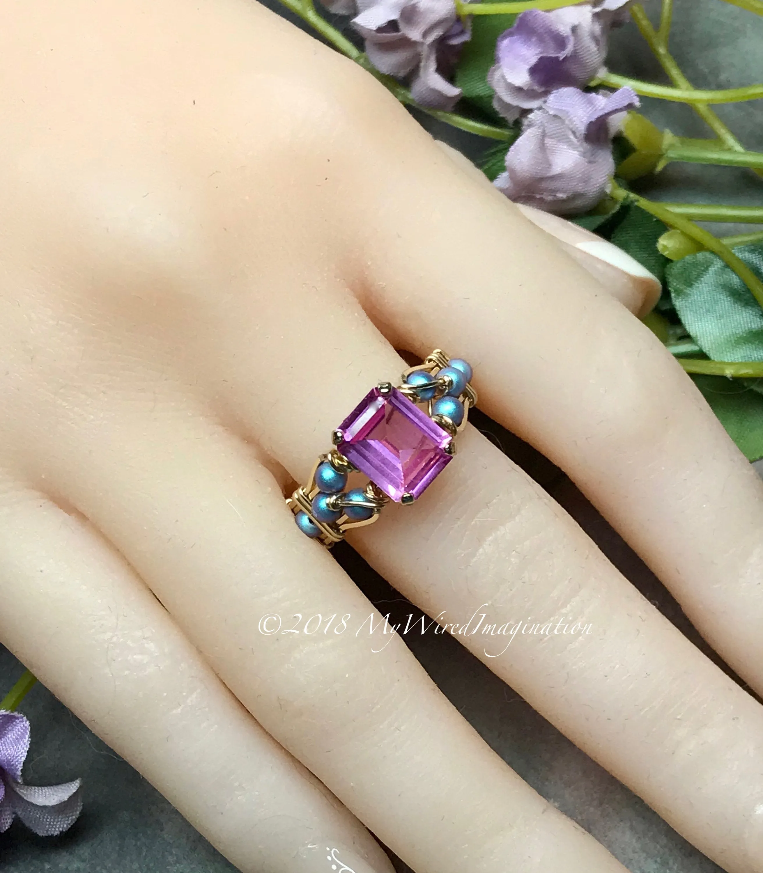 Octagon Pink Sapphire Handmade Ring, with Blue Pearl or Pink Swarovski, Made to Order