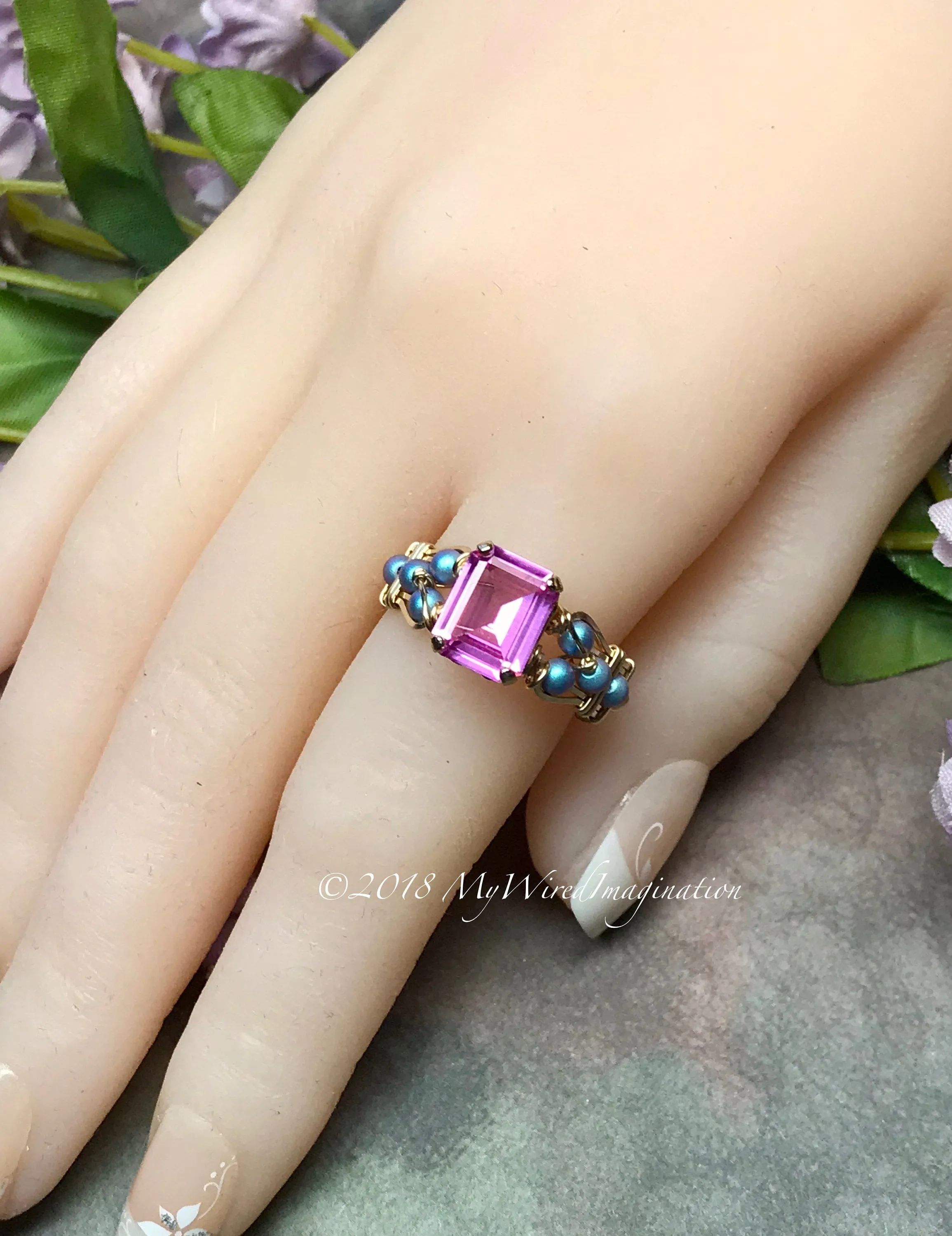 Octagon Pink Sapphire Handmade Ring, with Blue Pearl or Pink Swarovski, Made to Order