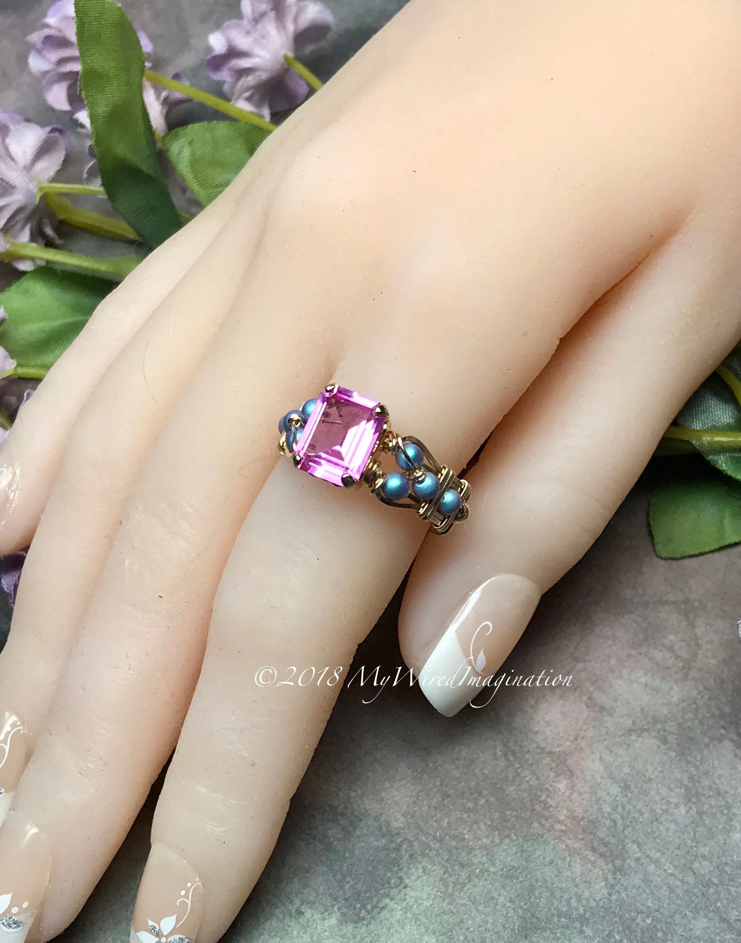 Octagon Pink Sapphire Handmade Ring, with Blue Pearl or Pink Swarovski, Made to Order