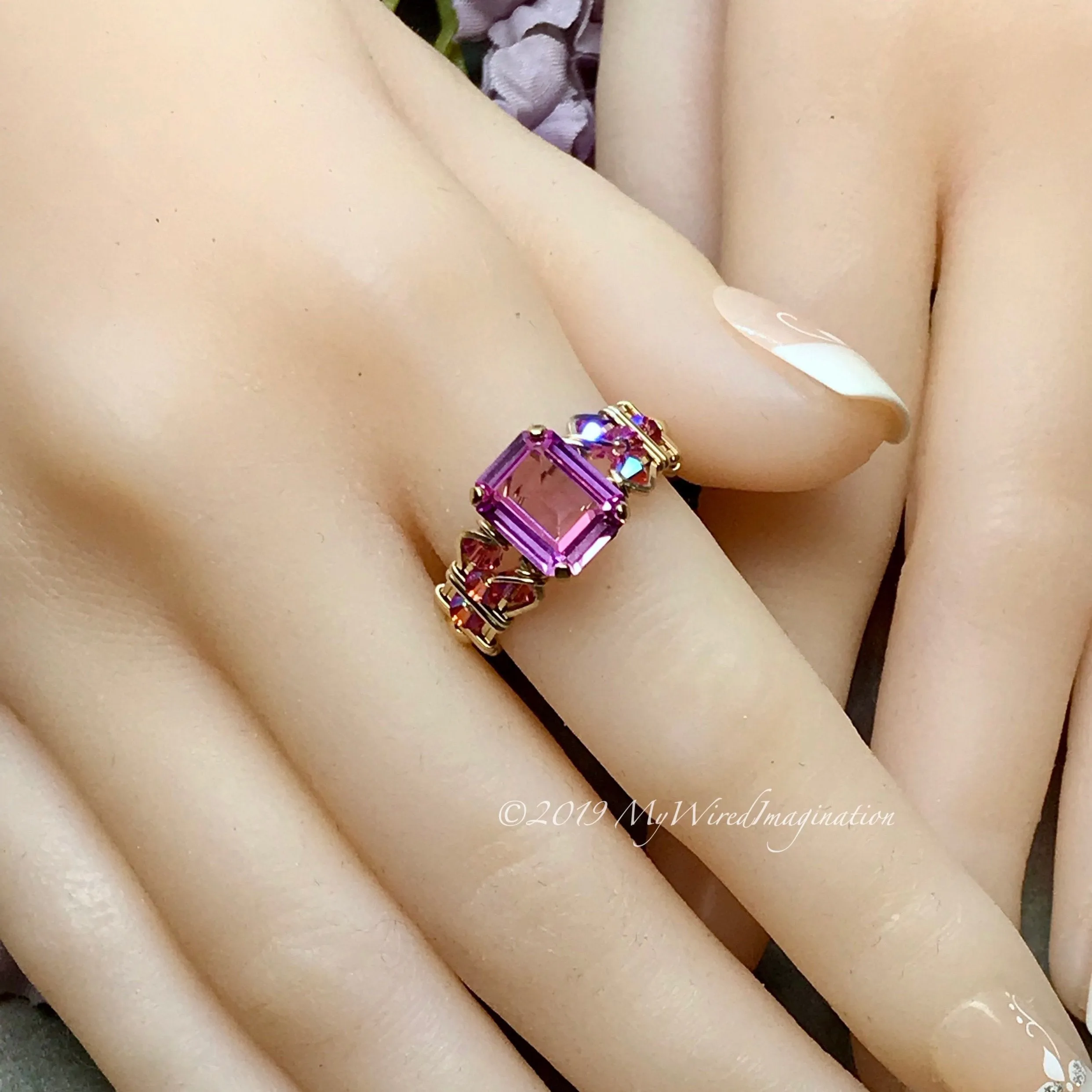 Octagon Pink Sapphire Handmade Ring, with Blue Pearl or Pink Swarovski, Made to Order