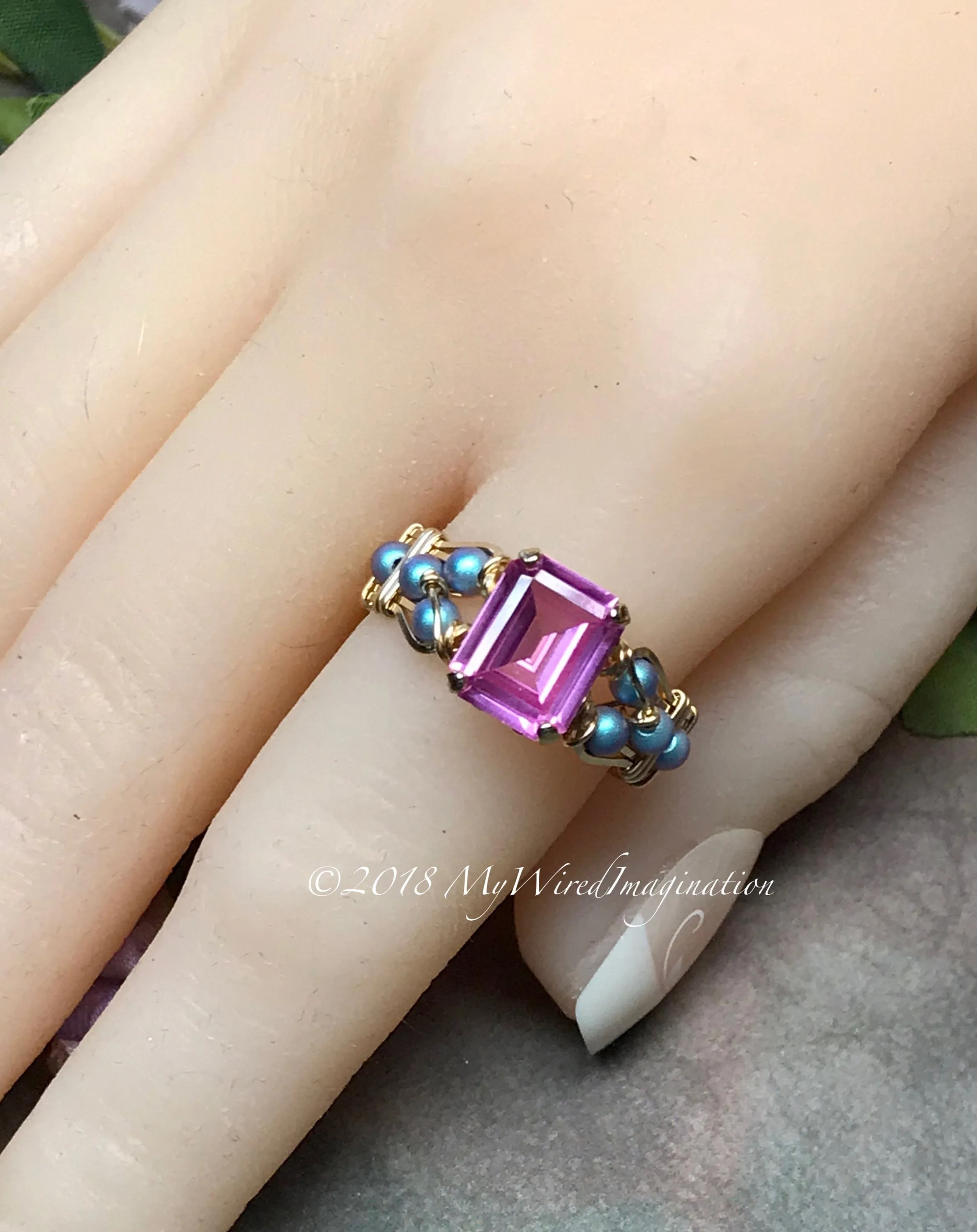 Octagon Pink Sapphire Handmade Ring, with Blue Pearl or Pink Swarovski, Made to Order