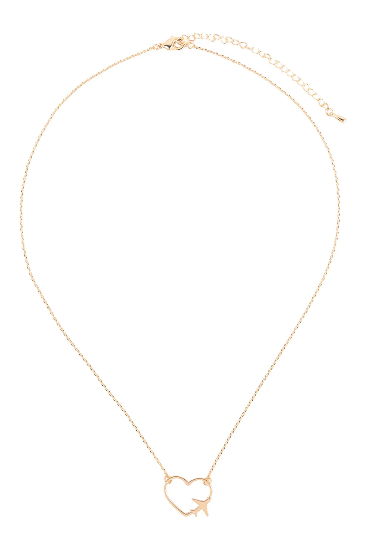 OPEN HEART W/ AIRPLANE ACCENT COLOR PENDANT BRASS NECKLACE