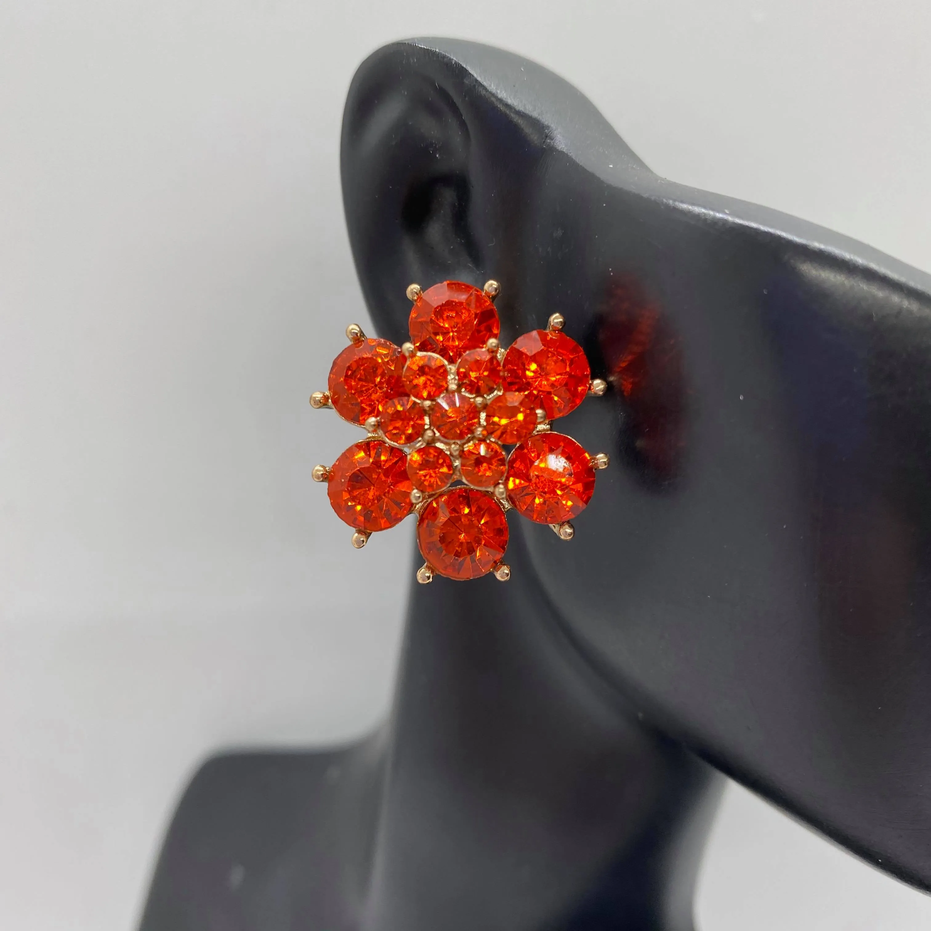 Orange Crystal Flower Clip On Earrings | CJB012