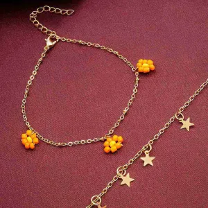 Orange Flower Charm Anklet Set of 2