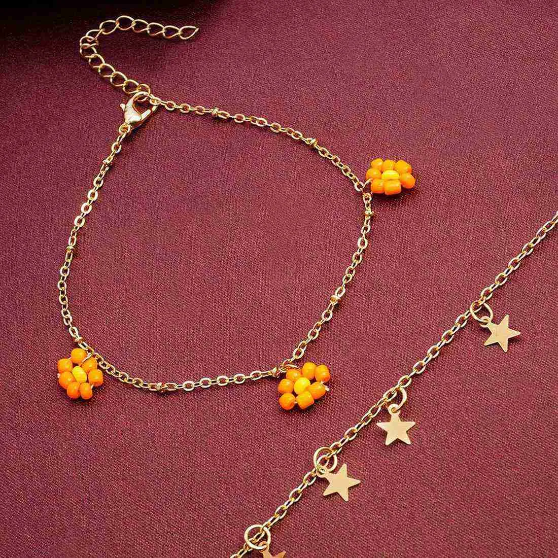 Orange Flower Charm Anklet Set of 2