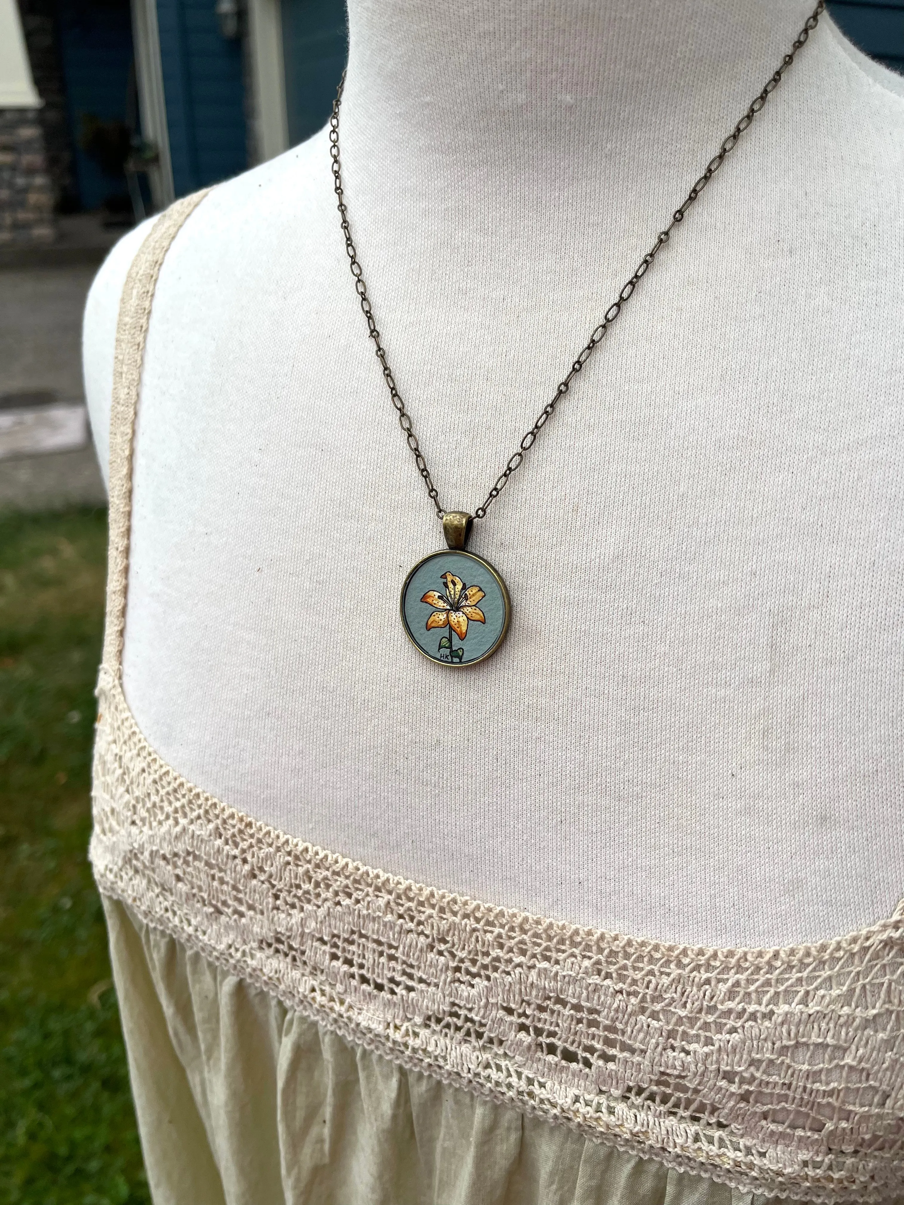 Orange Lily Hand Painted Necklace Necklace, Yellow Orange Lilies Art Pendant - Gray Green Background