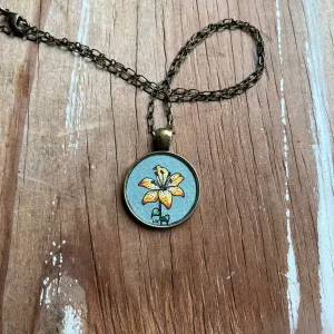 Orange Lily Hand Painted Necklace Necklace, Yellow Orange Lilies Art Pendant - Gray Green Background