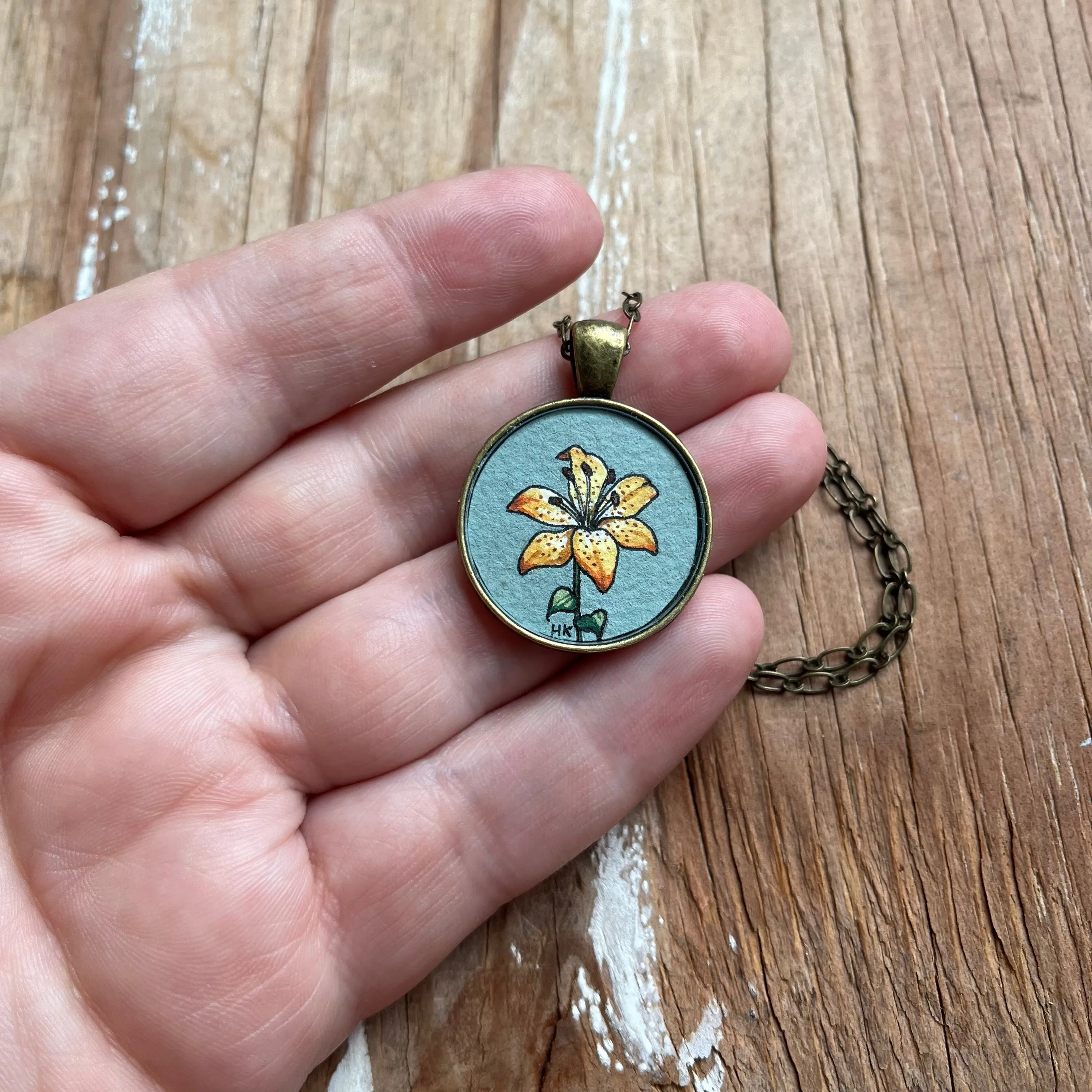 Orange Lily Hand Painted Necklace Necklace, Yellow Orange Lilies Art Pendant - Gray Green Background