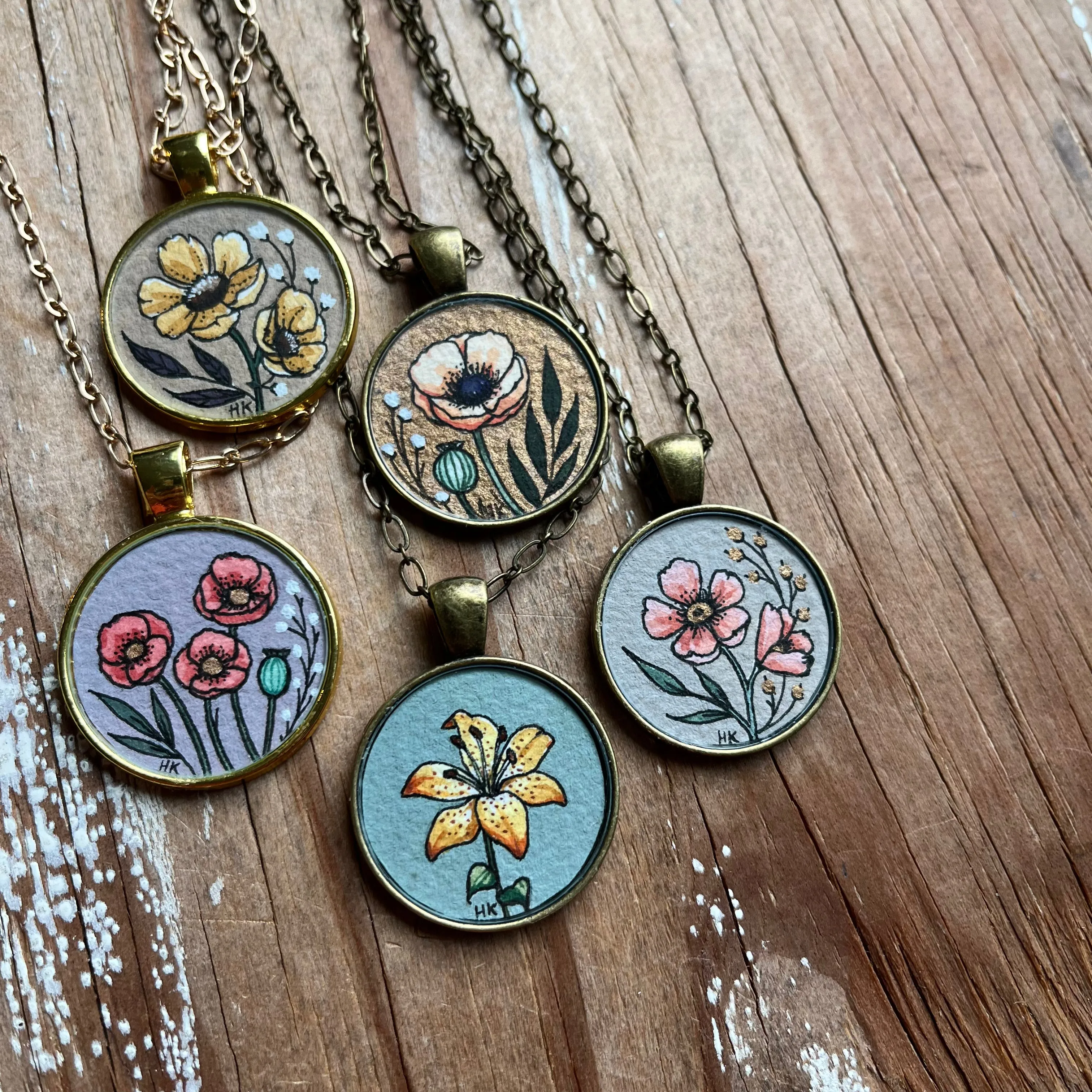 Orange Lily Hand Painted Necklace Necklace, Yellow Orange Lilies Art Pendant - Gray Green Background