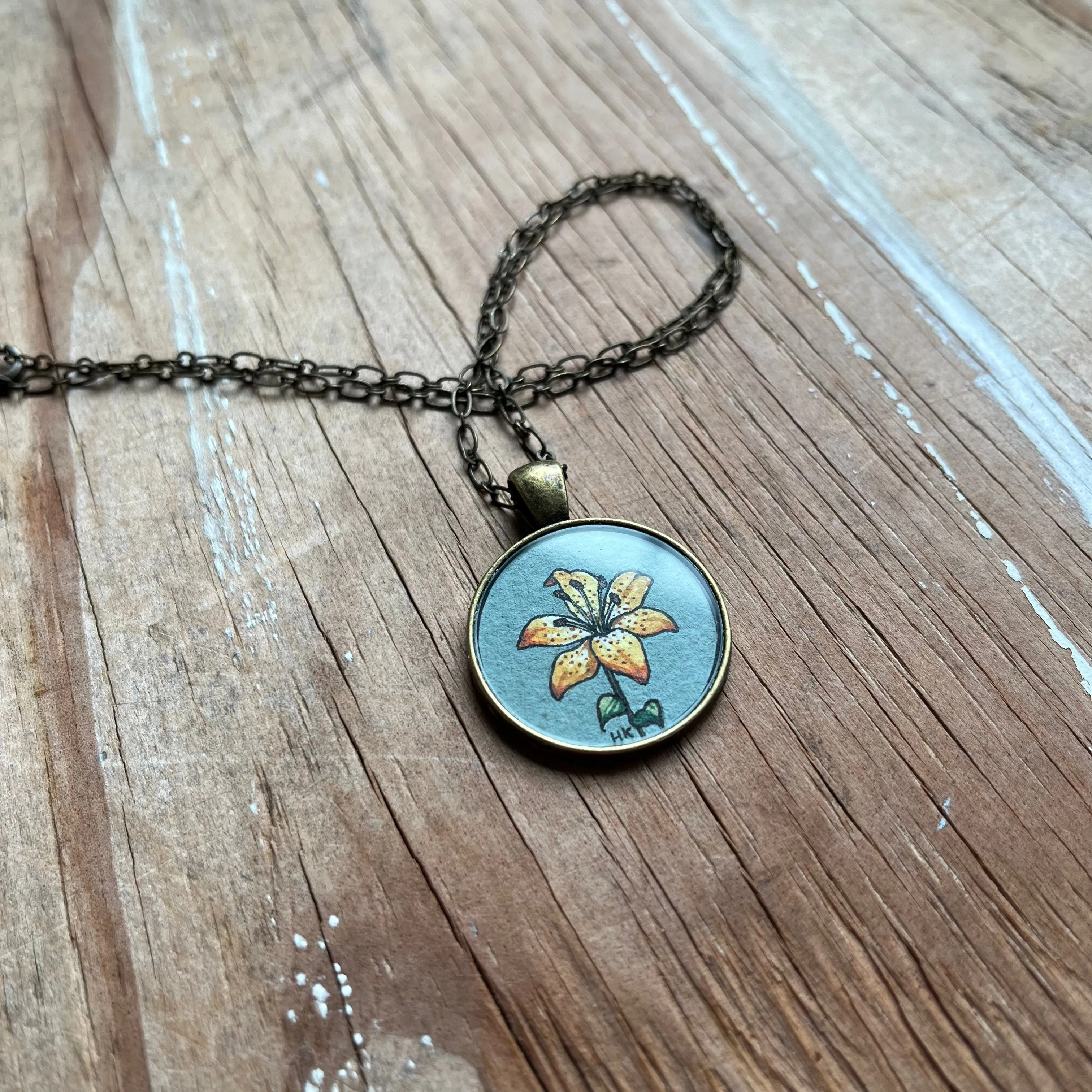 Orange Lily Hand Painted Necklace Necklace, Yellow Orange Lilies Art Pendant - Gray Green Background