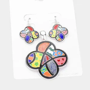 Patterned Enamel Quatrefoil Pendant Set