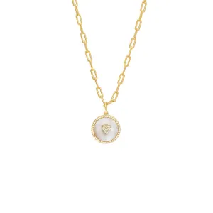 Pave Mother Of Pearl Heart Coin Chain Necklace