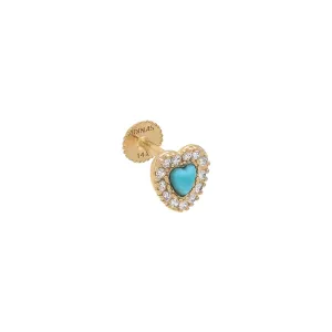 Pave Outline Turquoise Heart Threaded Stud Earring 14K