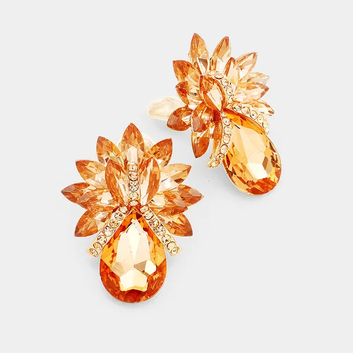 Peach Crystal Petal Teardrop Clip On Pageant Earrings  | Prom Earrings | 272272