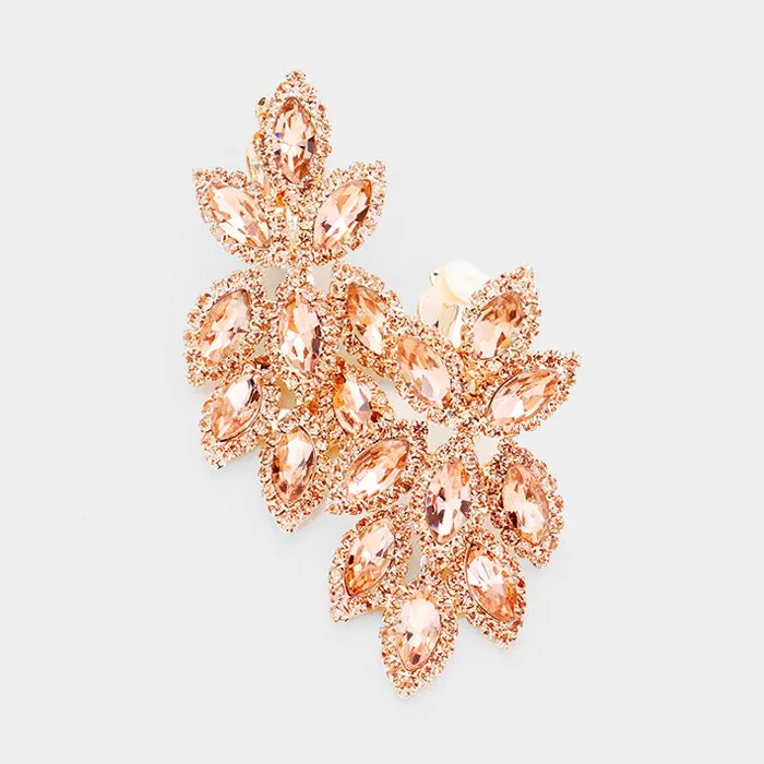 Peach Crystal Rhinestone Oval Cluster Clip On Earrings on Gold | 418308