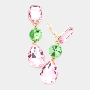 Pink & Green Crystal Triple Drop Geometric Shape Clip On Pageant Earrings | Prom Earrings | 556770