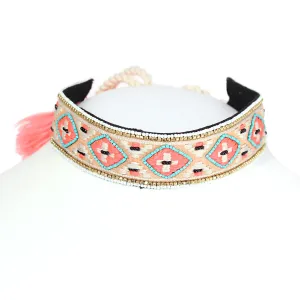 PINK GOLD AND TURQUOSE SEED BEADS CHOKER NECKLACE #ADX0088031 (SHE7)