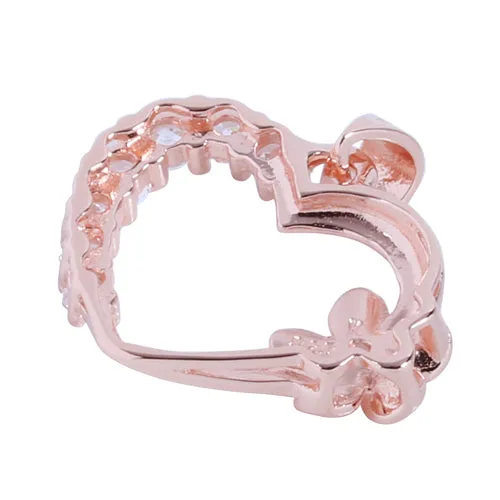 Pink Gold Plated Sterling Silver Heart with Side Plumeria & CZ Pendant (Chain Sold Separately)