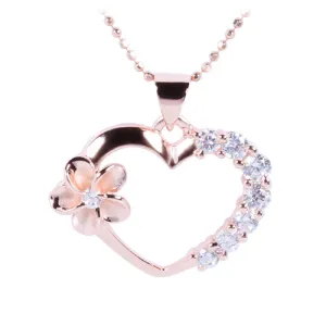 Pink Gold Plated Sterling Silver Heart with Side Plumeria & CZ Pendant (Chain Sold Separately)