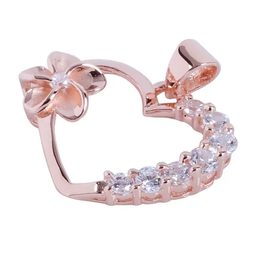 Pink Gold Plated Sterling Silver Heart with Side Plumeria & CZ Pendant (Chain Sold Separately)