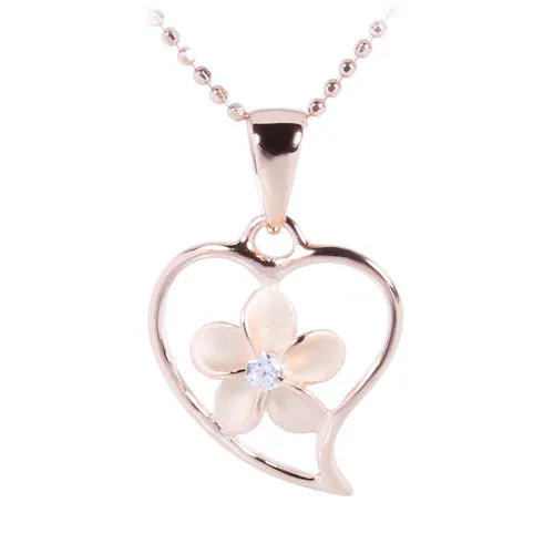 Pink Gold Plated Sterling Silver Simple Heart w/Plumeria Pendant (Chain Sold Separately)