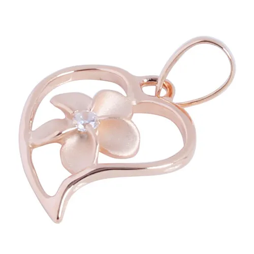 Pink Gold Plated Sterling Silver Simple Heart w/Plumeria Pendant (Chain Sold Separately)