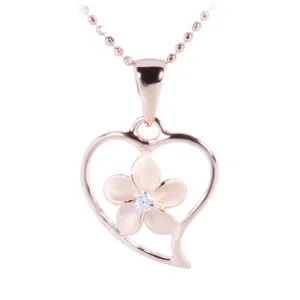 Pink Gold Plated Sterling Silver Simple Heart w/Plumeria Pendant (Chain Sold Separately)
