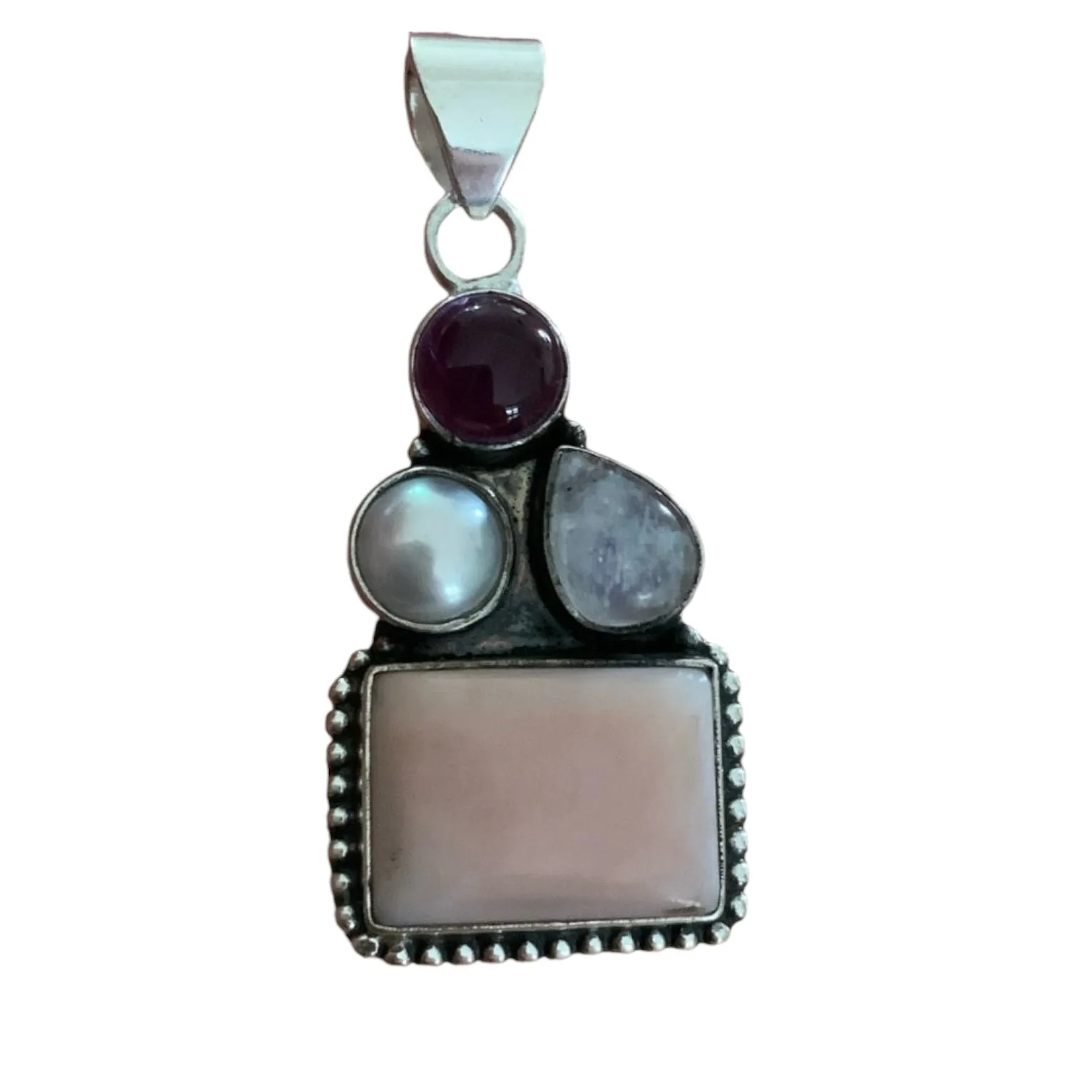 Pink Opal Amethyst Pearl Moonstone Solid 925 Sterling Silver Pendant