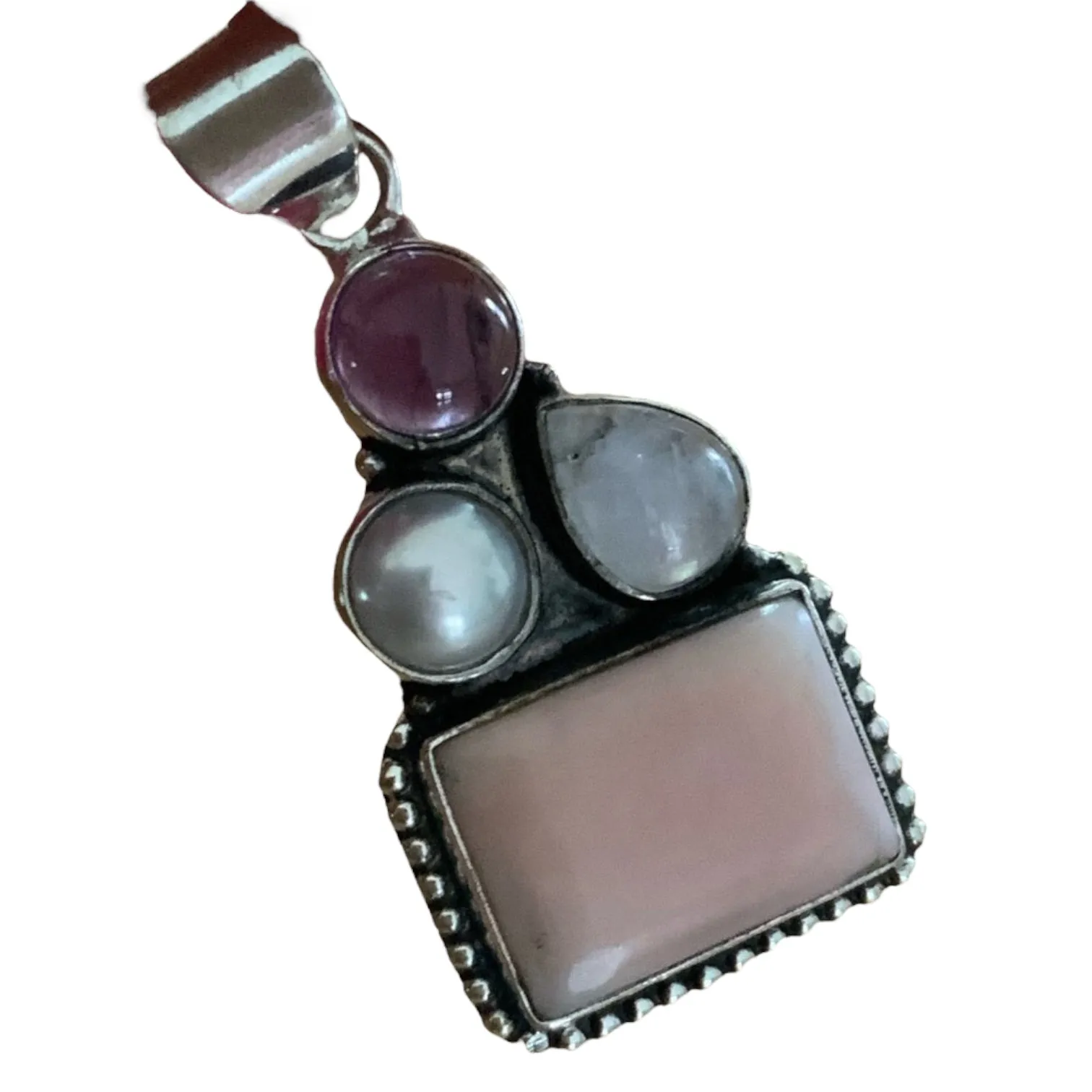 Pink Opal Amethyst Pearl Moonstone Solid 925 Sterling Silver Pendant