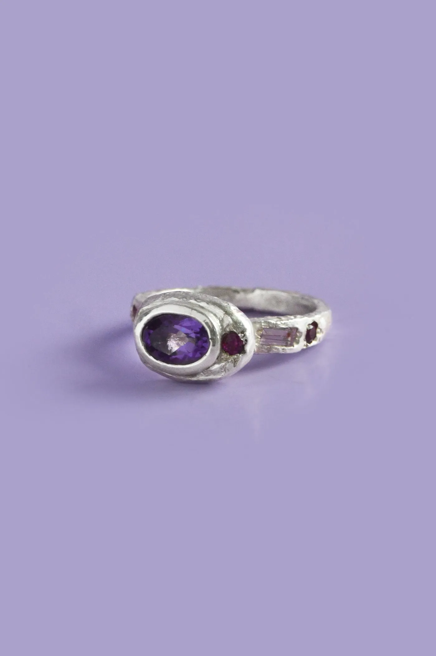 Poet Amethyst, Sapphire & Garnet Silver Ring 747-1