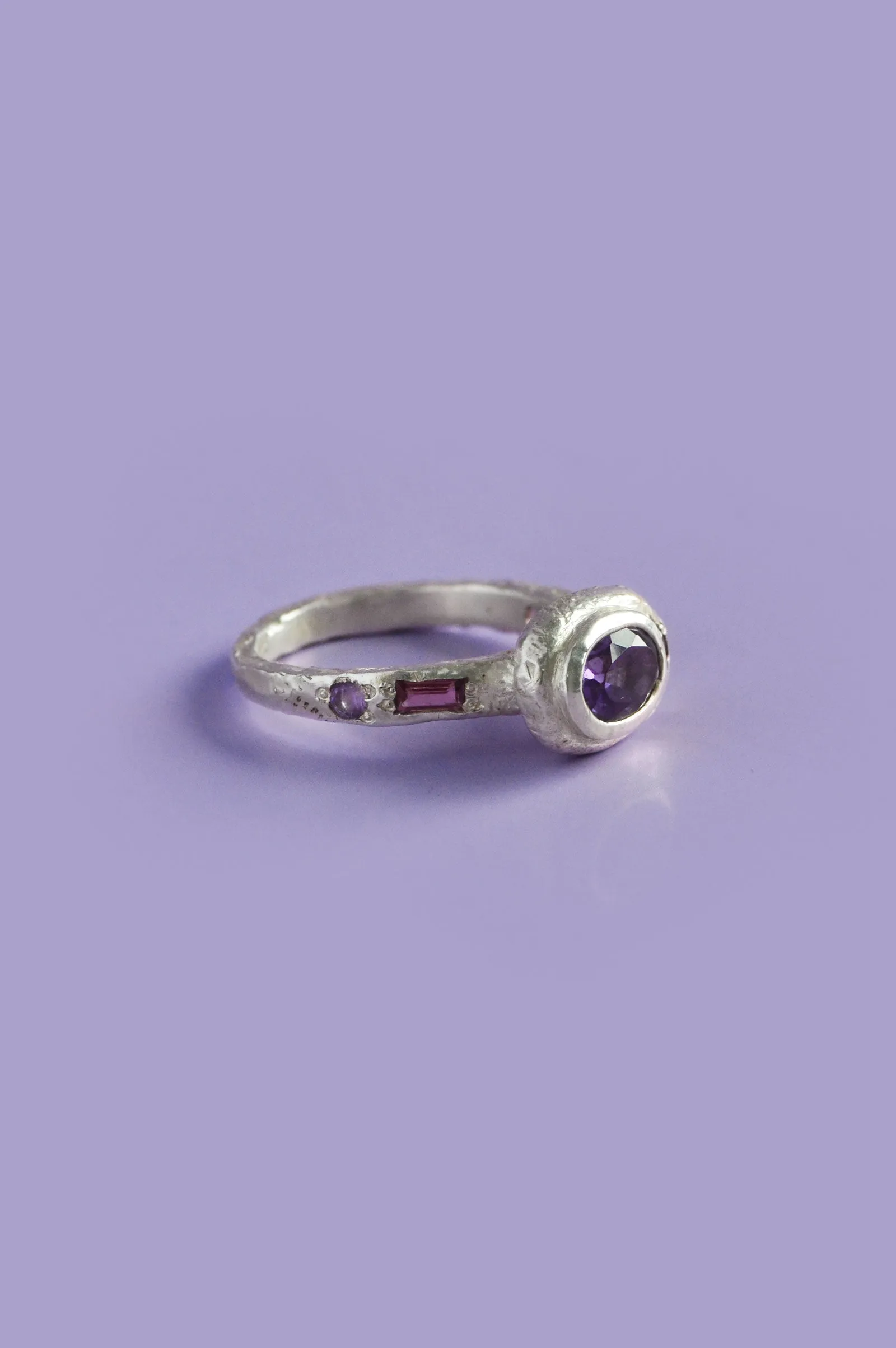 Poet Amethyst, Sapphire & Garnet Silver Ring 747-1