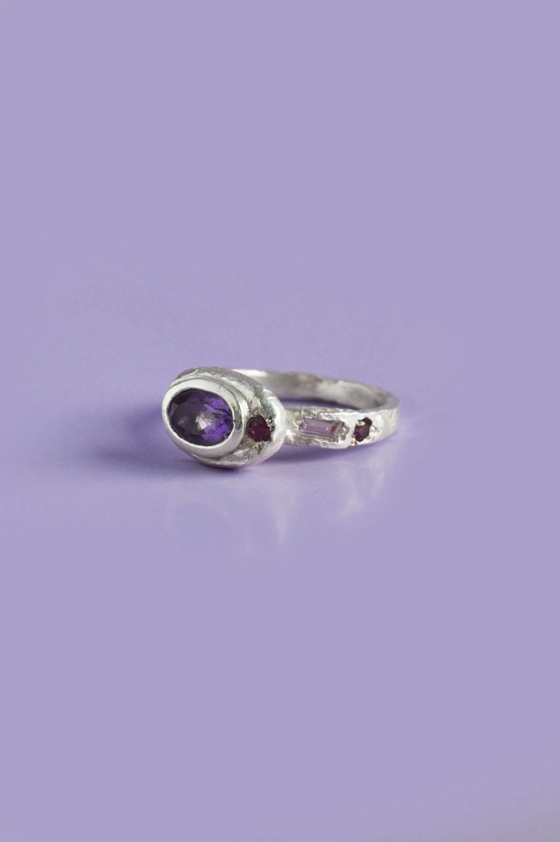 Poet Amethyst, Sapphire & Garnet Silver Ring 747-1