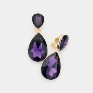 Purple Crystal Double Teardrop Clip on Dangle Earrings | Pageant Earrings | 549258