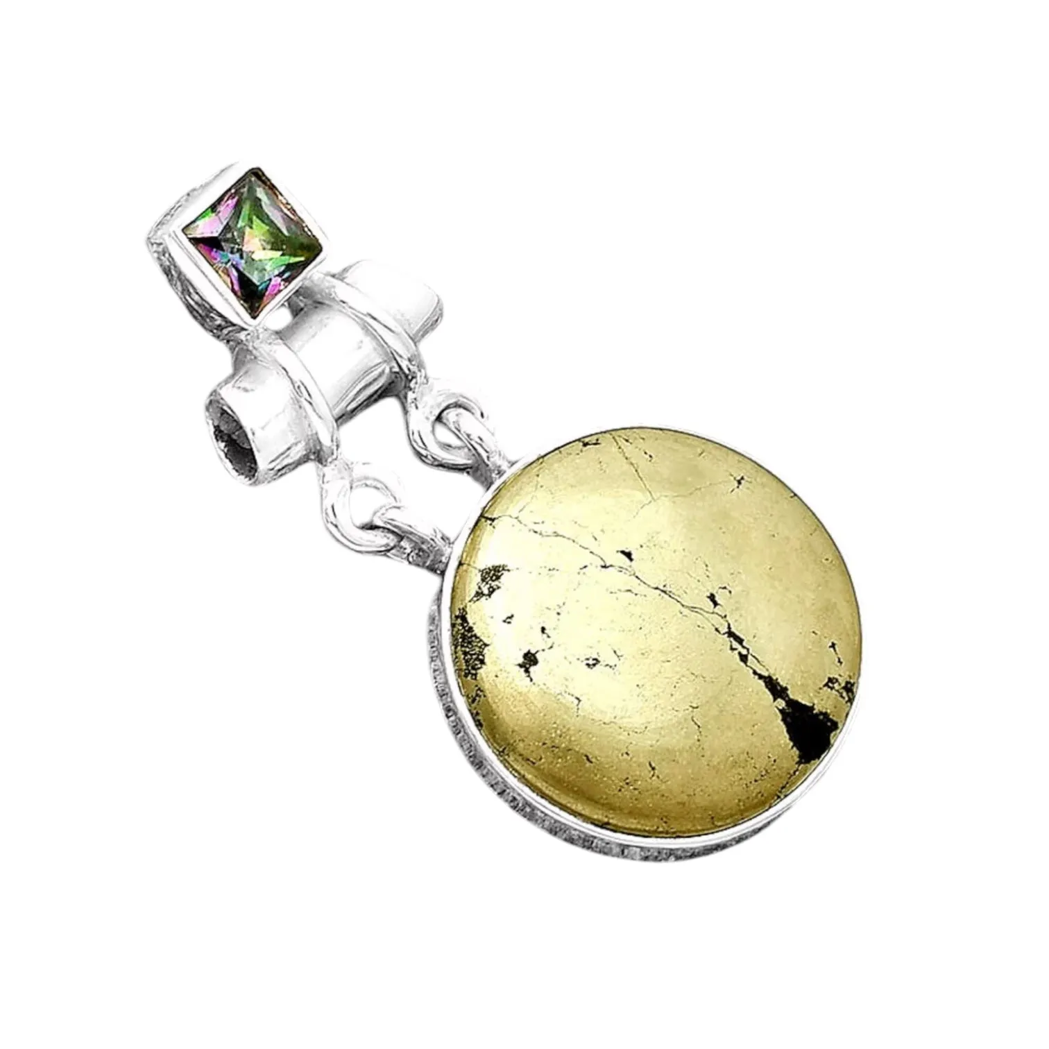 Pyrite & Fire Topaz Solid 925 Sterling Silver Pendant