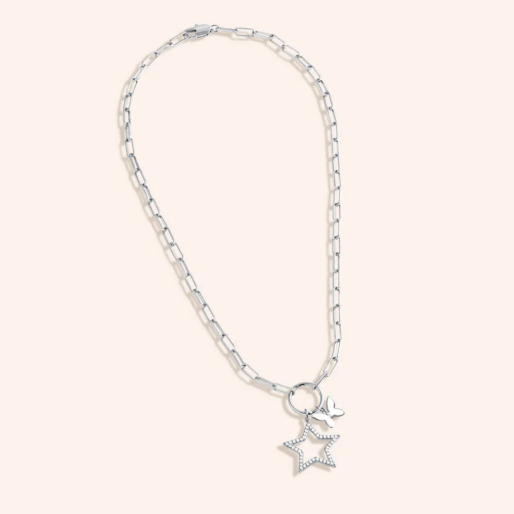 "Free to Shine" Multi Charm Thin Link Chain 18" Necklace Set - Open Star & Butterfly Charms