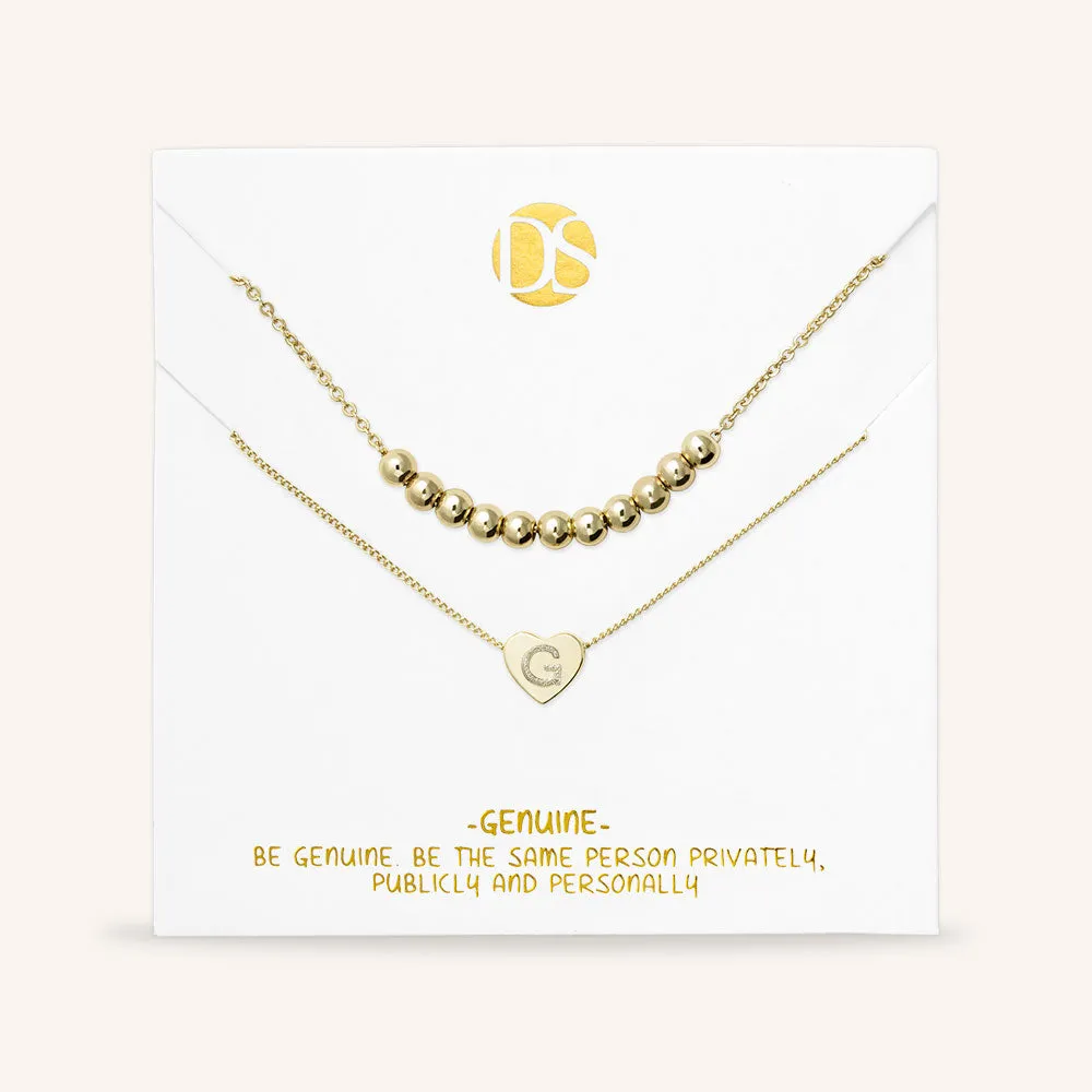 "Love Letter" Set of Two Heart Initial Charm & Polished Beads Layering Necklaces