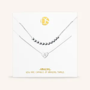 "Love Letter" Set of Two Heart Initial Charm & Polished Beads Layering Necklaces