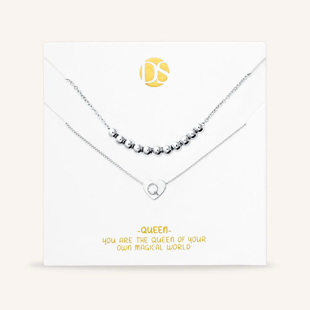 "Love Letter" Set of Two Heart Initial Charm & Polished Beads Layering Necklaces